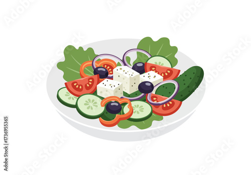 Greek salad with feta, lettuce, and vegetables in a bowl. Ideal for food blogs, menus, healthy lifestyle articles, and social media posts.