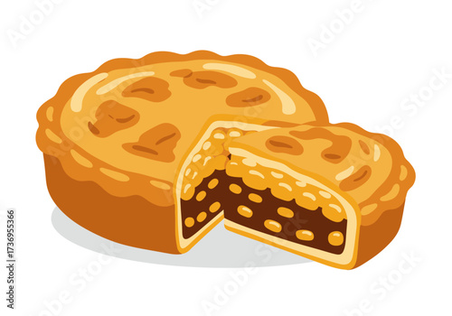 Round pie with a slice cut out of it. Suitable for bakery or dessertrelated designs, food blogs, and culinary advertisements.