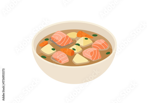 Delicious bowl of stew with salmon, potatoes, and carrots, perfect for food blogs, recipe books, and culinary magazines.