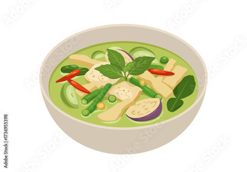 Tasty thai green curry bowl great for food blogs, asian cuisine articles, restaurant menus, and recipe illustrations.
