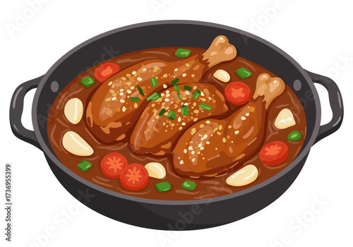 Braised chicken drumsticks in tomato and white bean sauce, perfect for recipes, food blogs, cooking magazines, and restaurant menus.