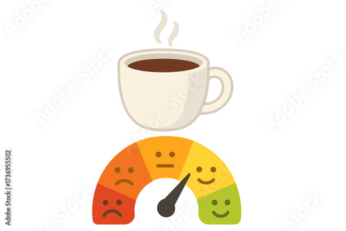 Coffee mood boost concept. Morning drink energy meter with happy sad emoticons. Customer satisfaction feedback scale. Vector illustration for caffeine power and good day start.