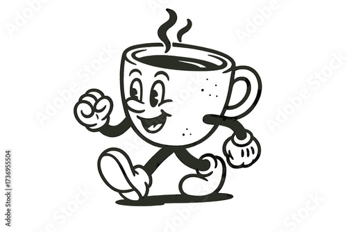 Vintage cartoon walking coffee cup mascot with retro groovy text "But first, coffee" promo banner template, 80s contour style hand-drawn vector nug character, classic coffee theme