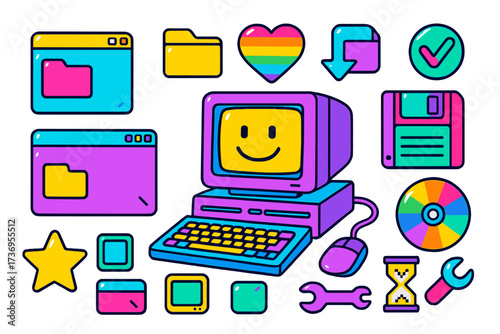 Vivid colorful 80s retro computer aesthetic elements set, vintage PC user interface, operating system icons, stylish Y2K windows, vector sticker pack with nostalgic tech symbols