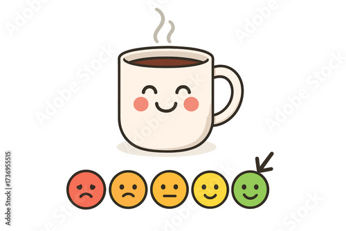 Morning coffee makes people happy vector concept. Cute kawaii mug character and customer satisfaction feedback scale with emoticons. Excellent rating for a positive experience.