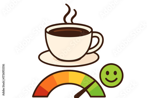Morning coffee for a good mood. Hot drink boosting energy levels. Happiness and satisfaction meter concept. Customer feedback scale with happy smiley face. Coffee power.