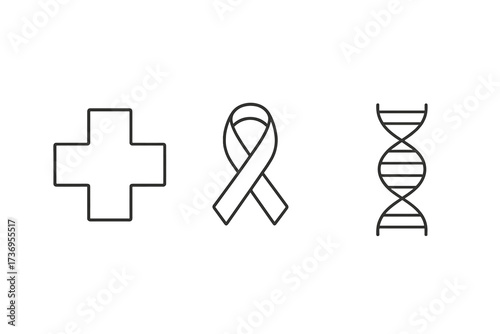 Medical and science line icon set. Health care, cross, awareness ribbon, DNA symbol. Vector for app, web. Medicine, genetics, biology, cancer support, charity concept design.