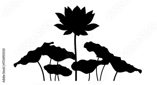 Elegant lotus flower and leaf silhouette on white background design
