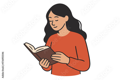 Woman Reading Book Illustration with Humorous Handwritten Quote, Vector Cartoon of Girl Engrossed in Reading, Flat Style Education and Knowledge Concept Design