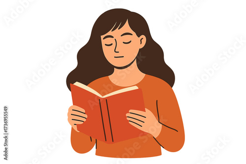Woman reading a book, thoughtful girl with long hair holding an open red book, humorous hand-lettered quote about readers being dangerous, vector flat illustration, cartoon style