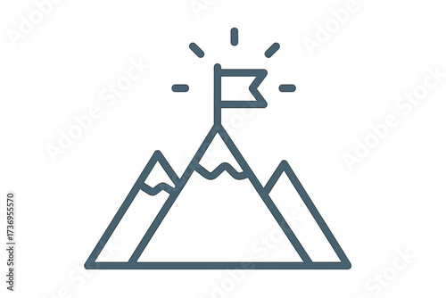 Mountain peak with flag vector icon. Metaphor for achievement, success, reaching a goal. Mission accomplished concept. Business leadership, strategy, winning, victory symbol.