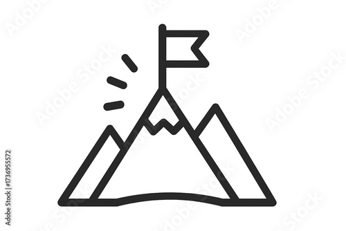 Mountain peak with flag vector icon. Concept of success, achievement, goal, and mission accomplishment. Business leadership and victory symbol. Adventure and exploration graphic.