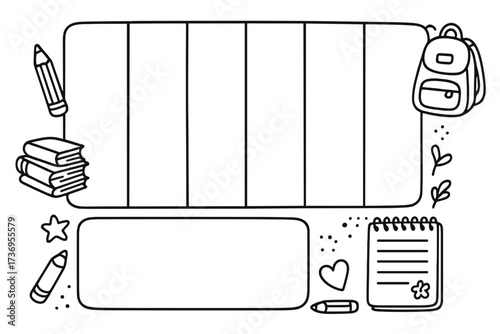 Weekly planner template with organizer and schedule, hand-drawn vector doodle illustration of school supplies, cute trendy kids planner with note space and creative design