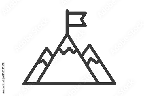 Mountain peak with flag line icon. Business success and achievement concept. Reaching a goal, mission accomplished. Symbol of leadership, victory, winning, top, and challenge.