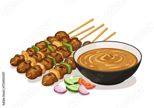 Delicious satay skewers and peanut sauce bowl, perfect for food connoisseurs and restaurant menus. Mouthwatering image for culinary designs.