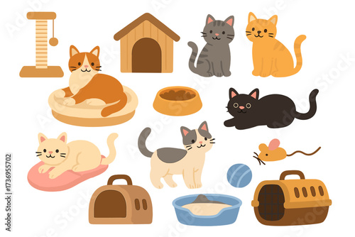 Set of cat accessories and toys with 8 cute cats including scratching post, cat house, cozy beds, food bowl, litter box, slippers, carriers, and mouse toy for pet care and shop
