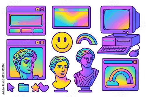 Y2K neon retro computer aesthetic elements set with psychedelic vintage PC panels, user interface windows, colorful Greek sculptures, emojis, icons in 90s-2000s vector style