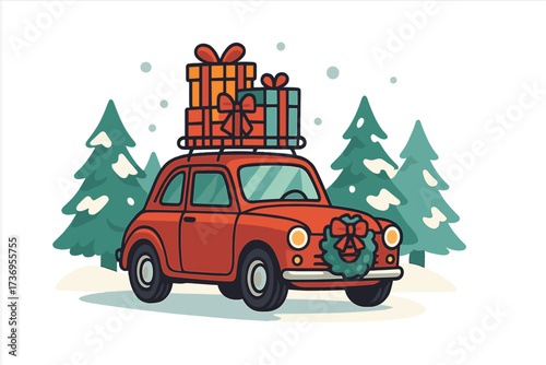 Red retro car with Christmas gifts on roof. Winter holiday travel. Festive vehicle delivering presents in snow. Xmas illustration. Cute cartoon auto with wreath. Happy New Year.