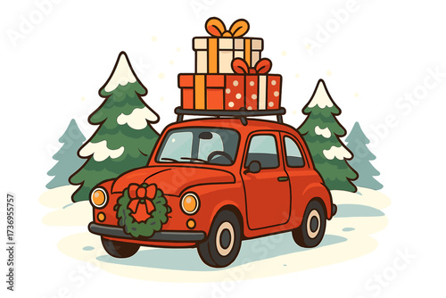 Christmas holiday concept. Classic red car carrying gift boxes on the roof in a snowy forest. Winter travel with presents. Retro vehicle with wreath. Flat vector illustration.