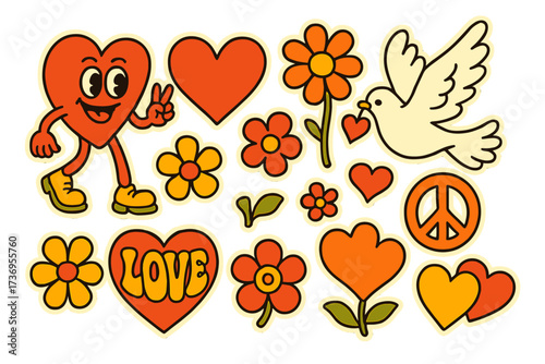 Groovy hippie Valentine's Day sticker set with retro love elements. Comic heart character mascot in trendy 60s 70s style. Vintage pack with flowers, peace sign and dove. Vector.