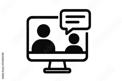 Video conference icon of people in an online call on a computer screen. Concept for remote work, virtual meeting, business communication, webinar, online learning, team chat.