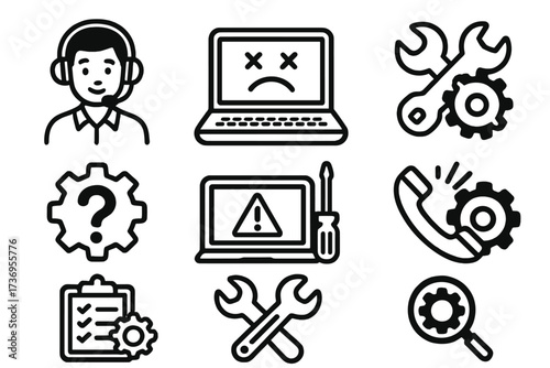 Technical support icon set. Helpdesk, customer service, computer repair symbols. Troubleshooting, fixing error, maintenance, call center operator. Vector line art pictogram.
