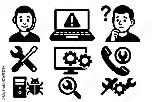 Technical support icon set for IT helpdesk and customer service. Vector icons for computer repair, troubleshooting, bug fixing, diagnostics, error and system configuration.