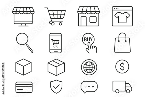 E-commerce, online shopping thin line icon set. Vector graphic symbols for internet business, digital market, mobile store. Includes delivery, payment, cart, search, sale.