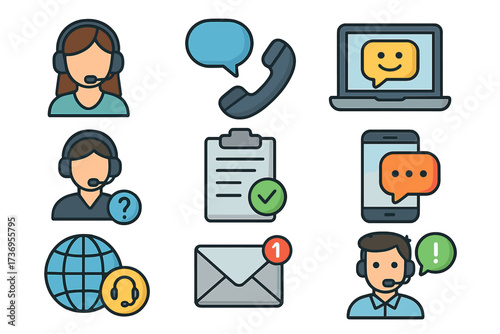 Customer service icon set. Contact us collection with call center agent, phone, chat, email, and support symbols. Vector line icons for helpdesk and communication concepts.