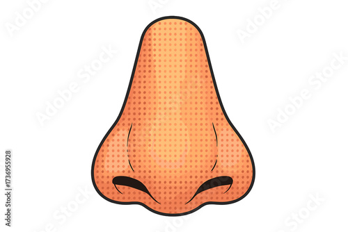 Pop art human nose vector illustration. Halftone dot pattern retro comic style. Front view of a sensory organ. Smell concept. Isolated body part cartoon design element for face.