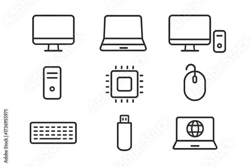 Computer hardware line icon set. Editable stroke vector pictograms. Laptop, desktop pc, monitor, cpu, keyboard, mouse, usb. Web, ui, ux graphic design elements isolated.