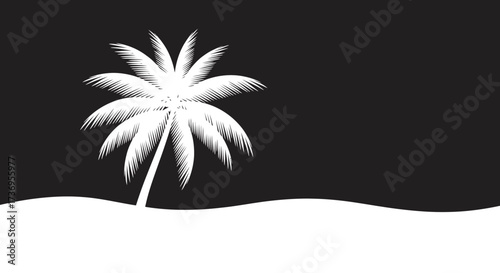 Minimalist tropical beach scene featuring a palm tree silhouette
