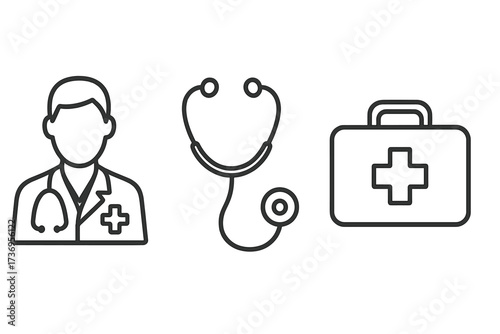 Doctor, stethoscope, medical bag outline icon collection. Health care, medicine, and emergency line symbols. Physician, clinic, and hospital signs. Editable stroke vector graphics.