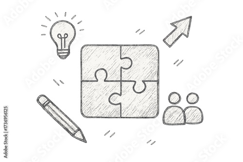 Pencil drawing puzzle icon set for creativity, problem-solving, and strategic thinking. Collaboration, design, planning, brainstorming, teamwork, and growth vector concept.
