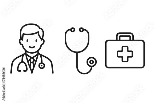 Medical and healthcare outline icon set. Doctor, stethoscope, and first aid kit symbols. Vector illustration for web, mobile, and print. Editable stroke line art pictograms.