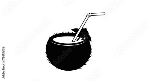 Monochrome tropical drink icon featuring a coconut with drinking straw