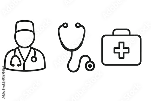 Medical icon set doctor, stethoscope, first aid kit. Healthcare medicine concept. Simple line art pictogram collection. Vector linear graphic with editable stroke.