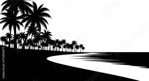Monochrome tropical island landscape with palms against white backdrop