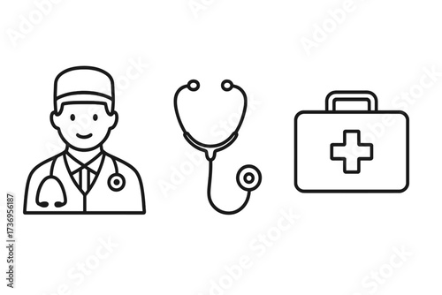 Medical line icon set with doctor, stethoscope, first aid kit. Healthcare professional, physician, hospital symbol collection. Medicine, emergency, health concept vector icons.