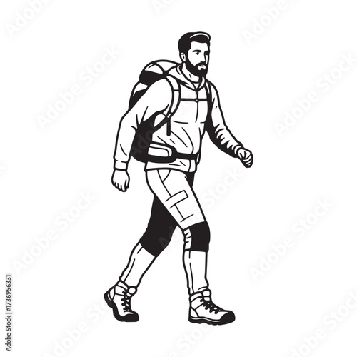 Bearded man with backpack hiking on white background