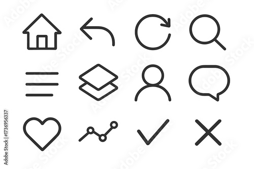 Essential user interface line icon set. Simple vector signs for web and mobile app design. Includes home, search, user profile, menu, like, back, refresh, chat, and chart symbols.