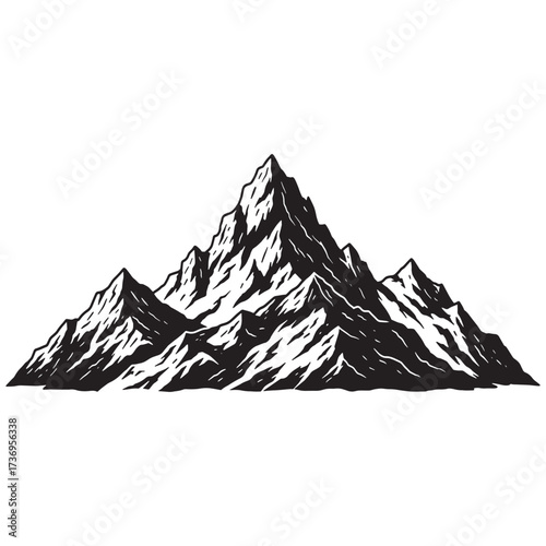 Black and white illustration of a multi-peaked mountain range