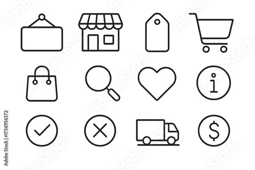 E-commerce icon set for online shopping. Web interface outline symbols collection: cart, delivery, store, search, payment, favorite. UI UX kit for website and mobile app design.