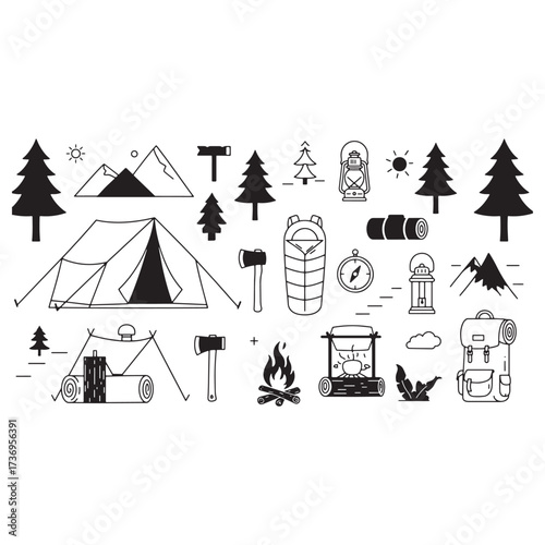 Camping and Outdoor Adventure Icon Set Keywords: camping, outdoor, adventure, tent, sleeping bag
