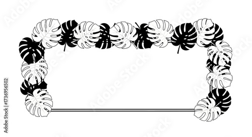 Tropical Monstera Leaf Frame in Black and White Minimalist Design