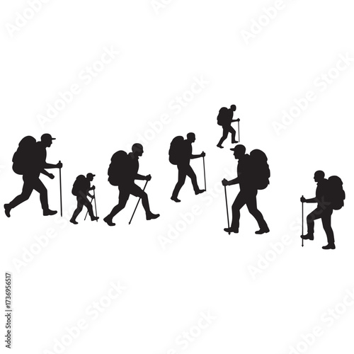 Group of hikers with backpacks and trekking poles on white background Keywords: hiking, trekkers
