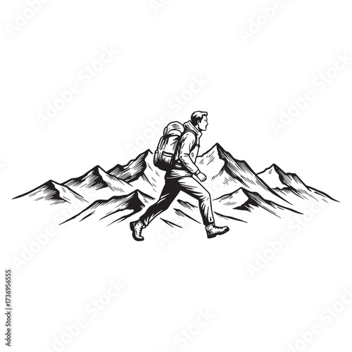 Hiker running across mountain range illustration male