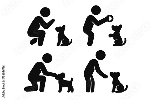 Dog training icon set. Person teaching puppy a command. Man playing with pet. Animal care, adoption, and education concept. Vector silhouette graphic elements for behavior.