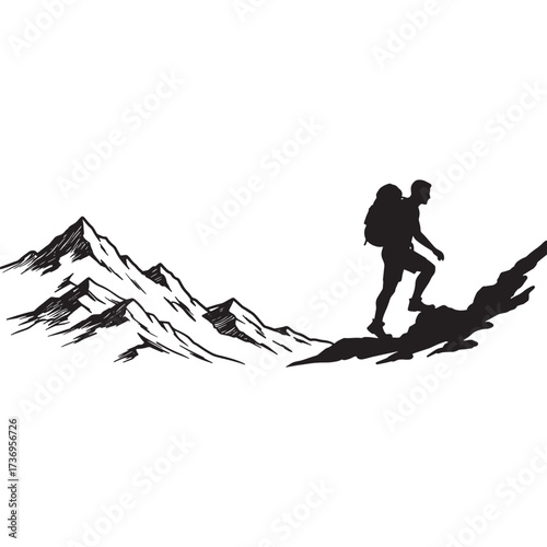 Hiker silhouette ascending a rocky mountain path Keywords: hiker, silhouette, mountain, ascent