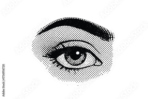Halftone human eye vector illustration. Pop art retro comic book style. Female look. 90s vintage sticker. Dotted screen print texture. Black and white isolated graphic element.